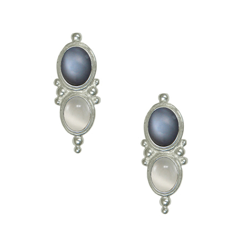 Sterling Silver Drop Dangle Earrings With Grey Moonstone And White Moonstone